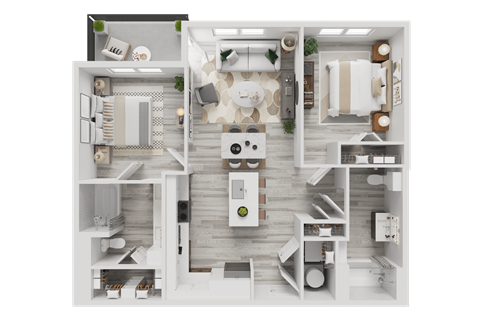 A detailed 3D floor plan of a modern apartment layout.